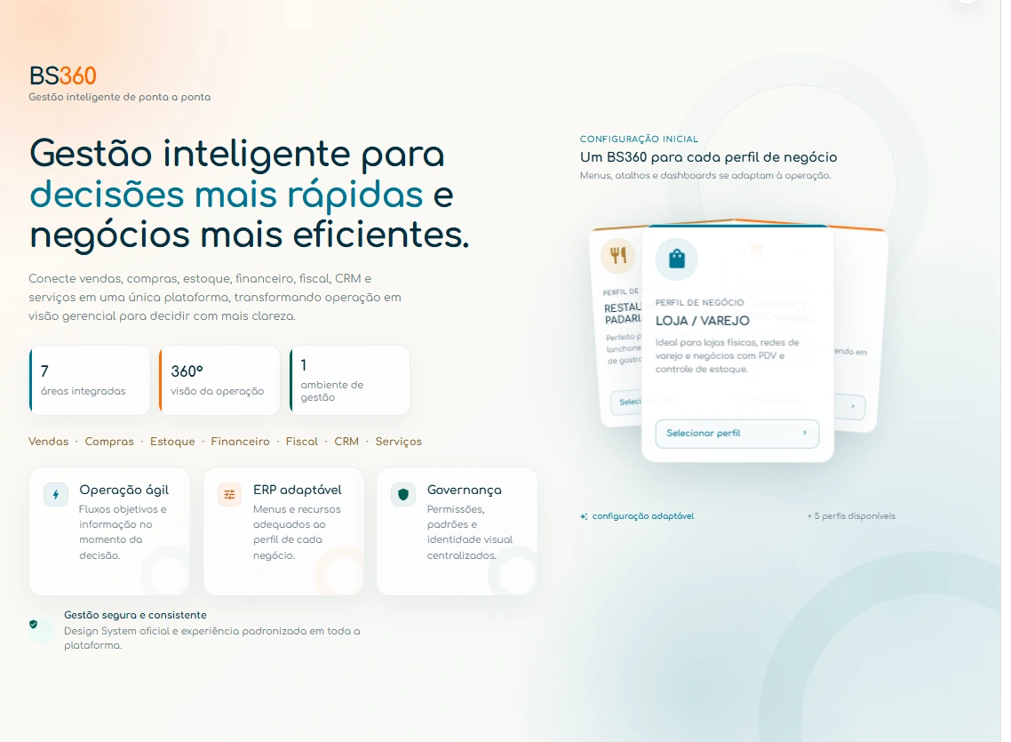 Tela real de apresentação do BS360, plataforma de gestão integrada
